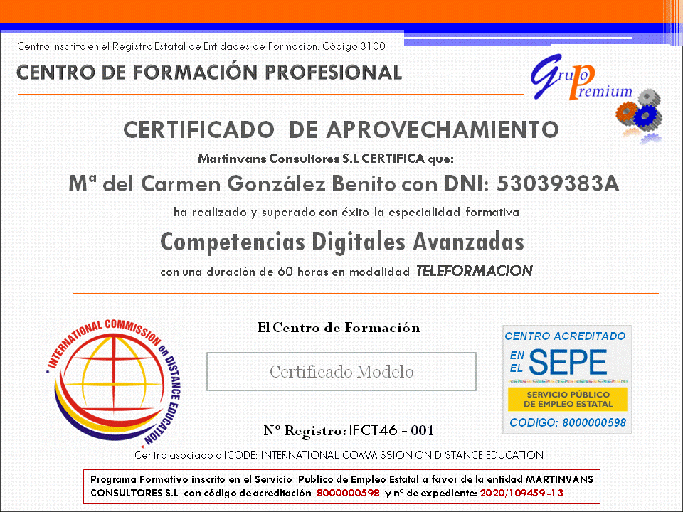 Certificado acreditativo Competencias digitales avanzadas